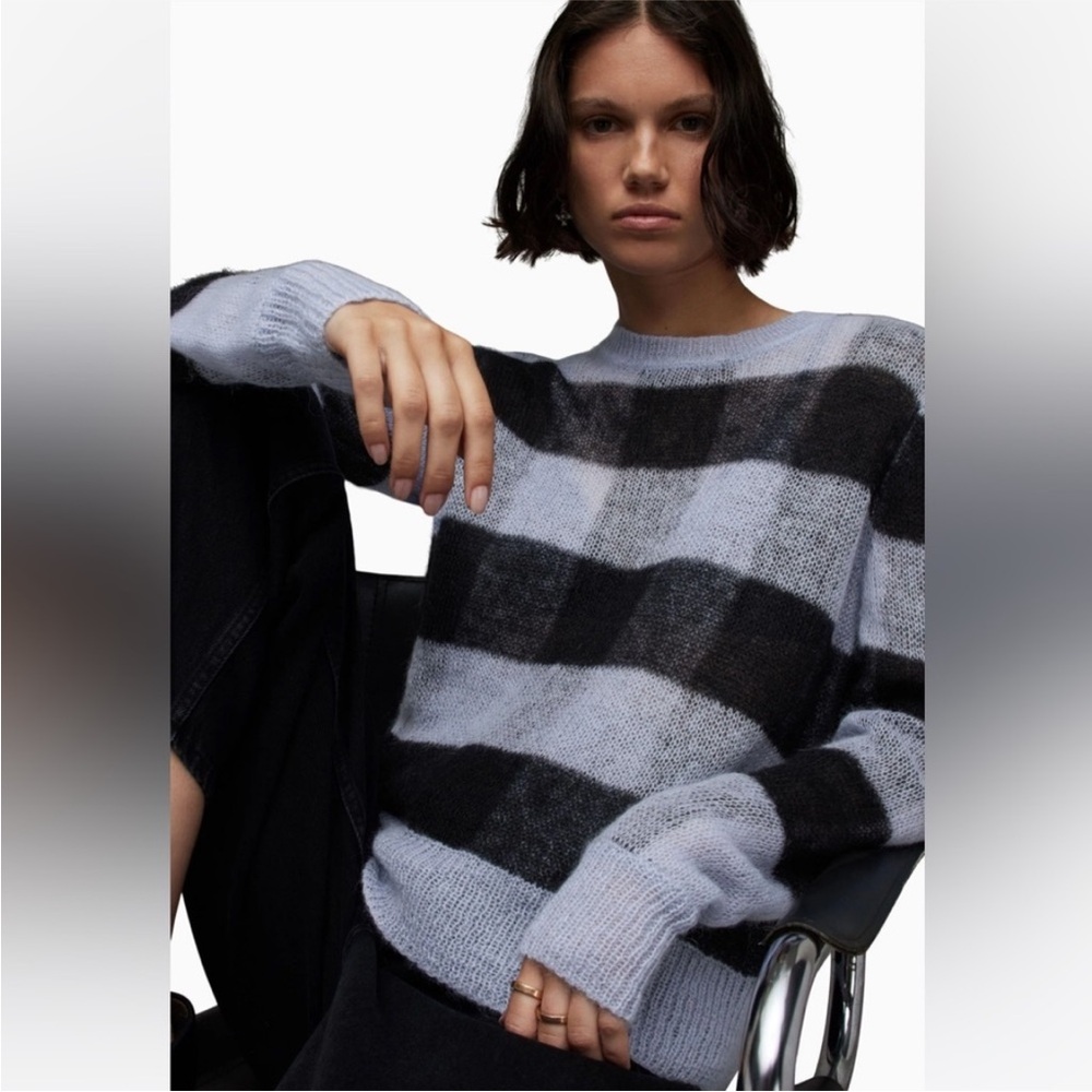 All Saints Renee Mohair Crewneck Sweater Blue Black Checkered - Picture 4 of 7